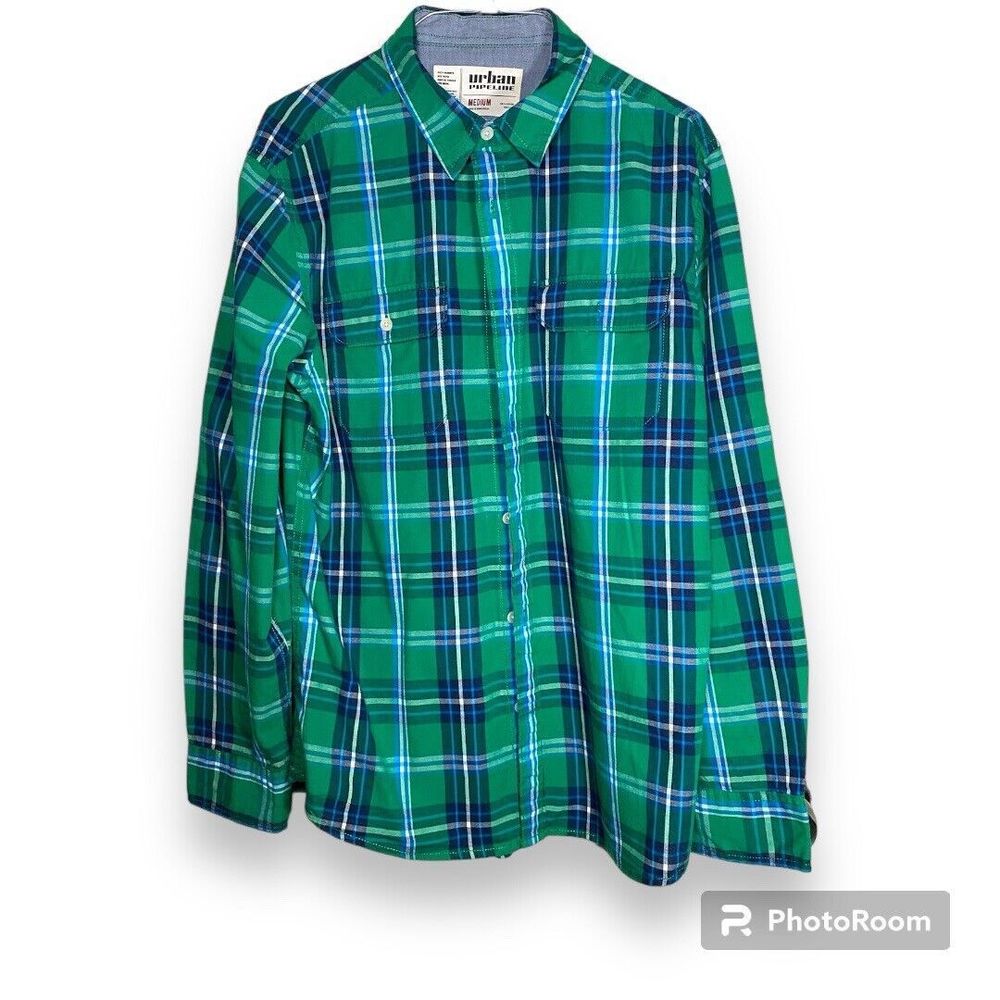 Urban Pipeline Shirt Mens Medium M Green Blue Plaid Button Up Casual